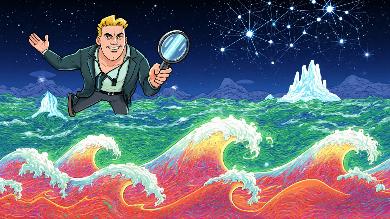 A trader analyzing a glowing order book heatmap with hidden iceberg orders and AI constellations.