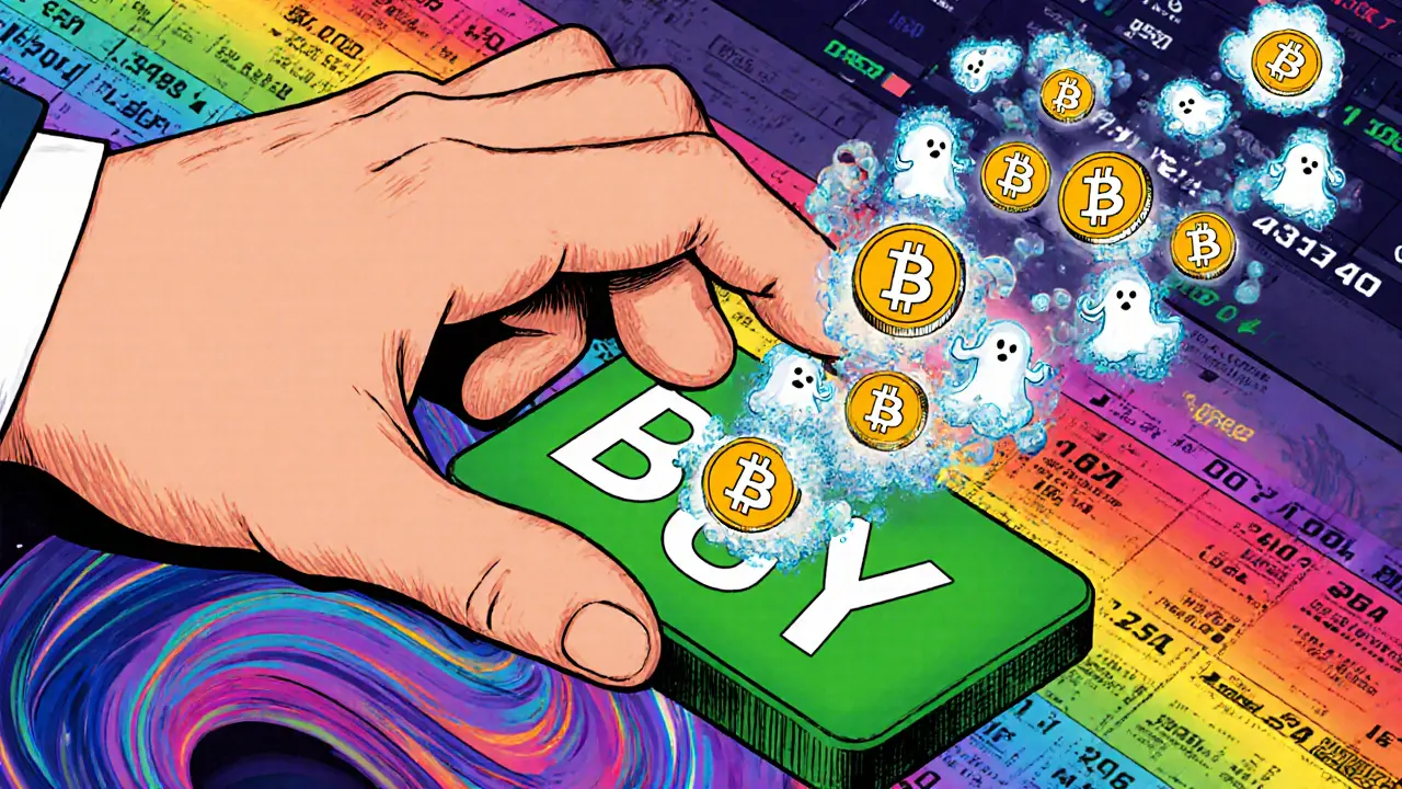 A trader pressing a buy button that creates a support wall of BTC icons, with ghost orders vanishing.