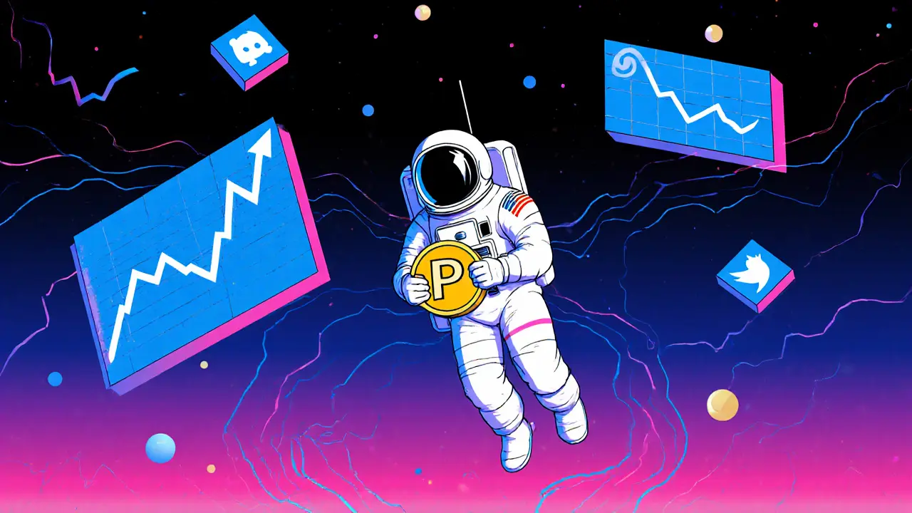 Astronaut holding a faded PLGR token in a silent, empty cosmic void.