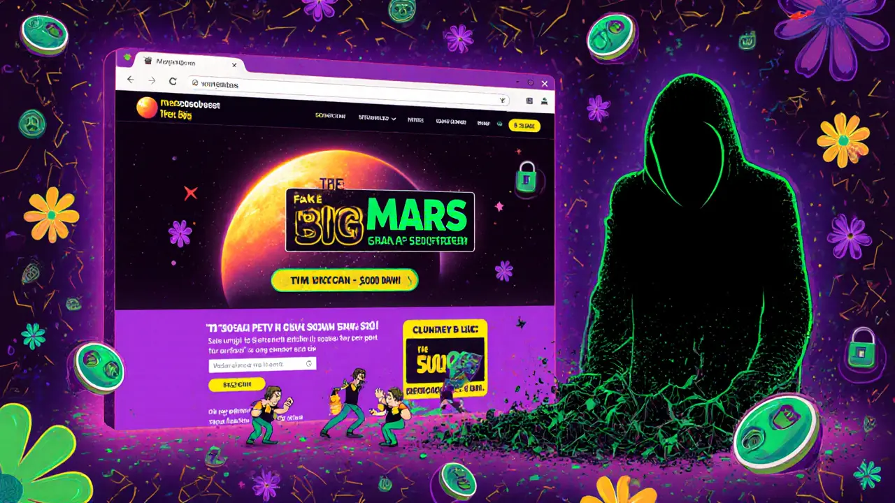 Ghostly Mars Ecosystem fading beside a scam site, users clicking the wrong link amid swirling colors.