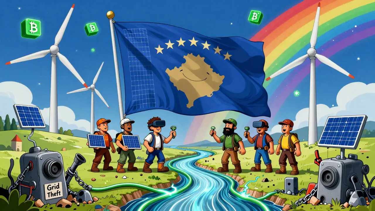 Kosovo flag made of solar panels and wind turbines with miners holding clean mining rigs.