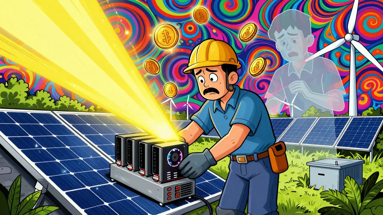 Miner working under solar panels with ghostly past self and floating digital coins.