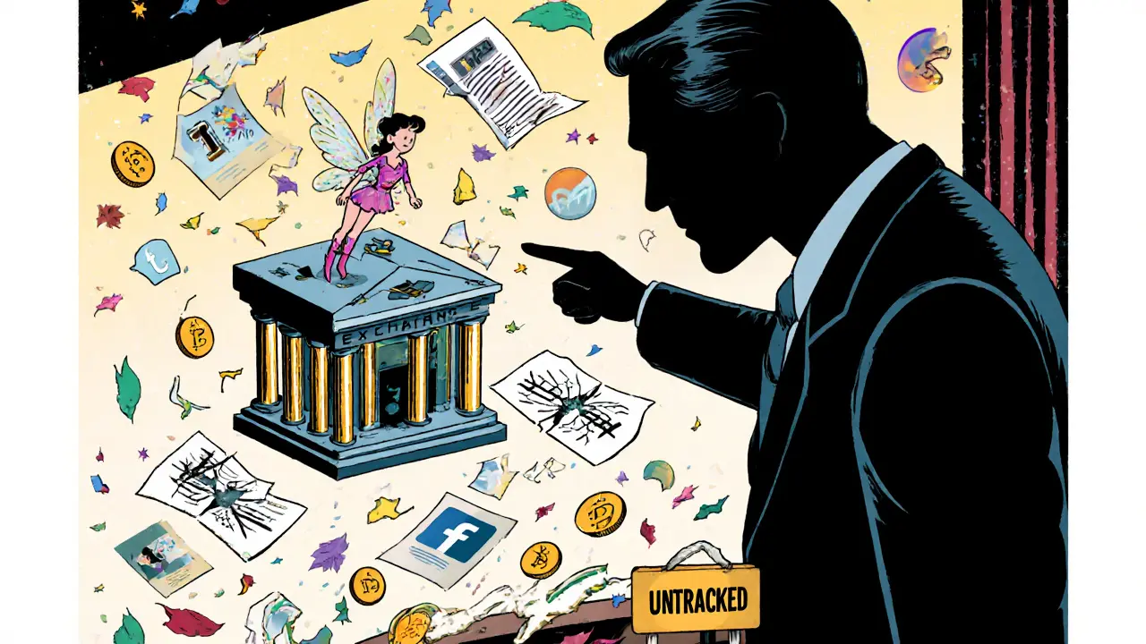 Regulator pointing at a fragile fairy-shaped exchange amid shattered audits and silent social icons.