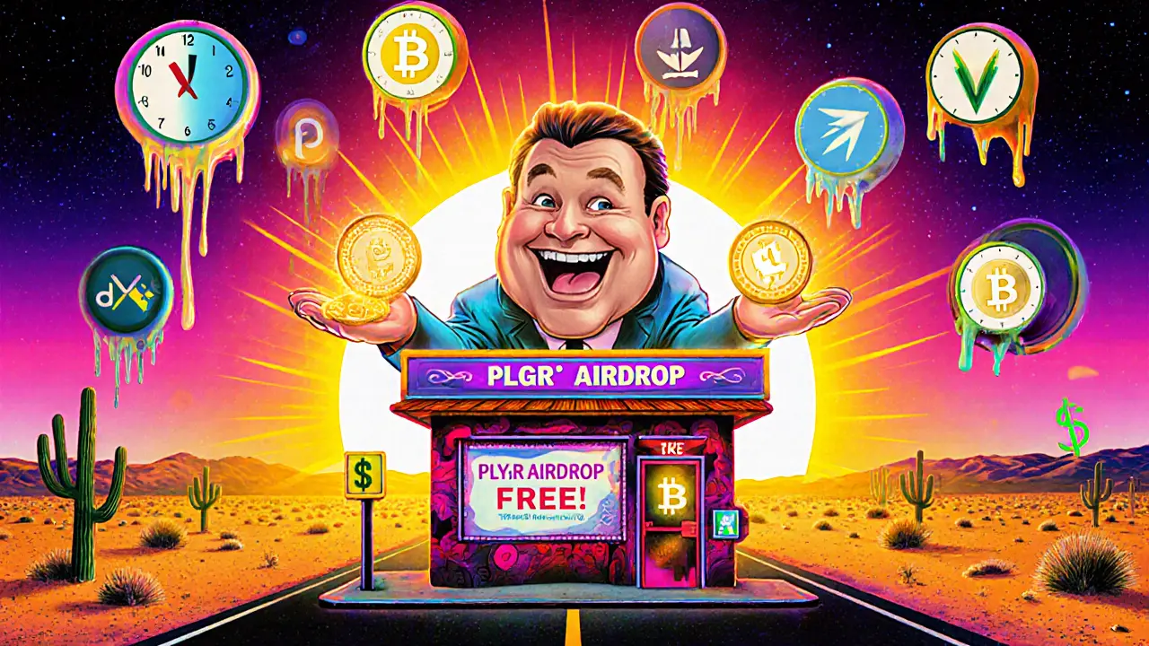 Scammer offering fake PLGR tokens at a roadside stand amid glowing DeFi projects.