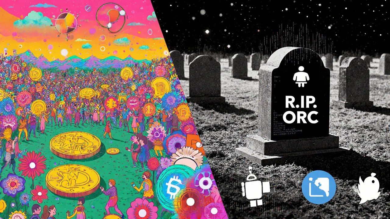 A vibrant crypto ecosystem contrasts with a desolate ORC graveyard under psychedelic art style.
