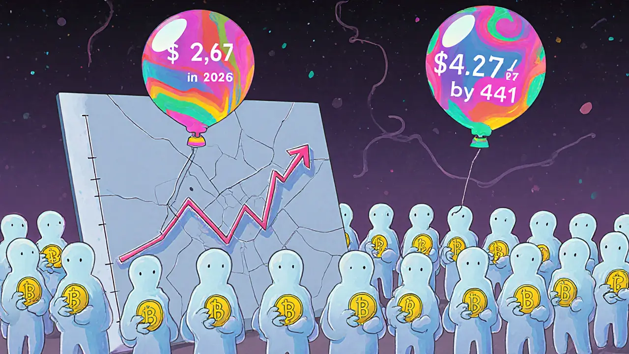Ghostly figures standing around a crashing price chart, with AI-generated price balloons drifting away.