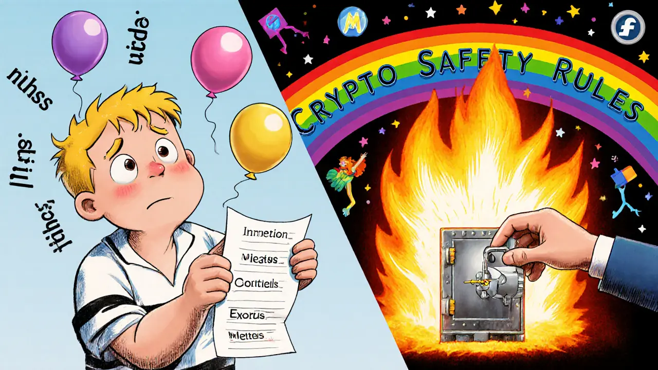 A beginner transferring crypto from paper to a secure vault, with wallet icons dancing under a rainbow.