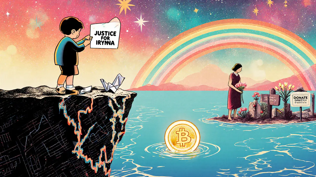 A child at a cliff of crumbling crypto charts, a lone coin floating in an empty ocean below.