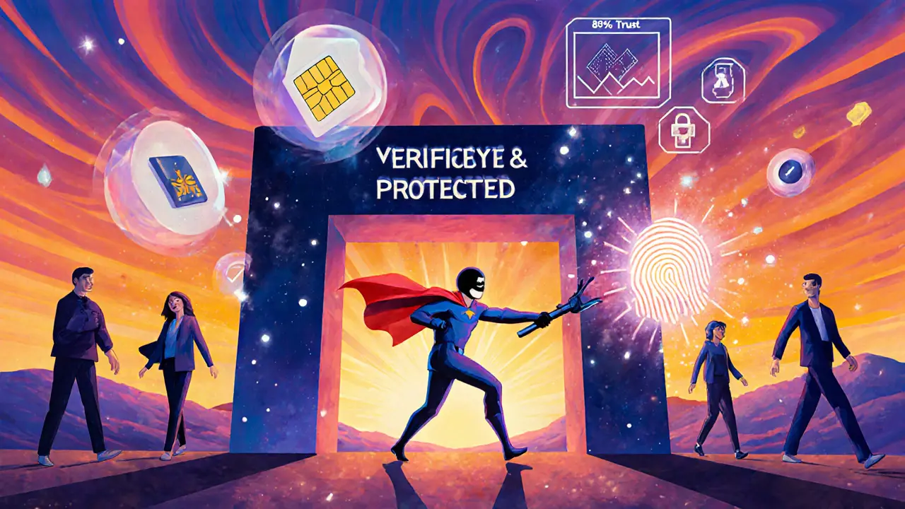 A hacker frozen by a biometric fingerprint superhero cape protecting a verified crypto wallet.