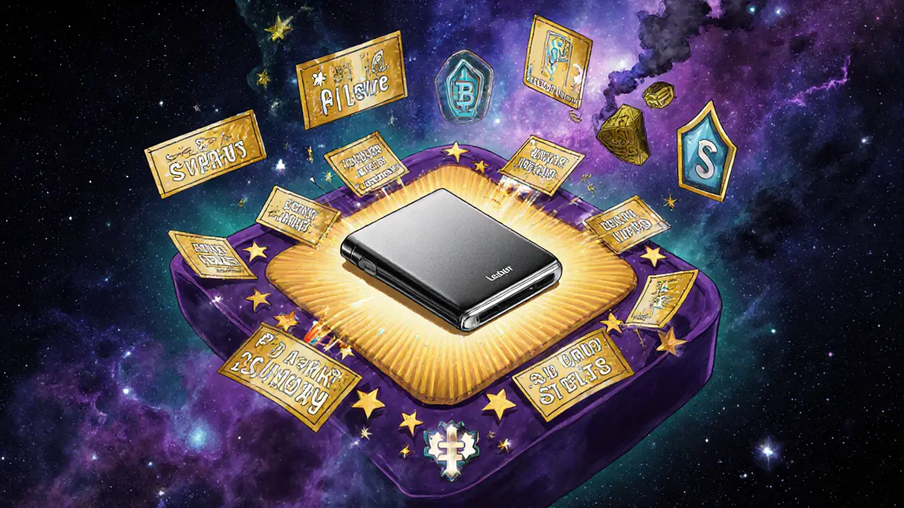 A metallic hardware wallet protected by fractal shields, floating above golden recovery words in deep space.