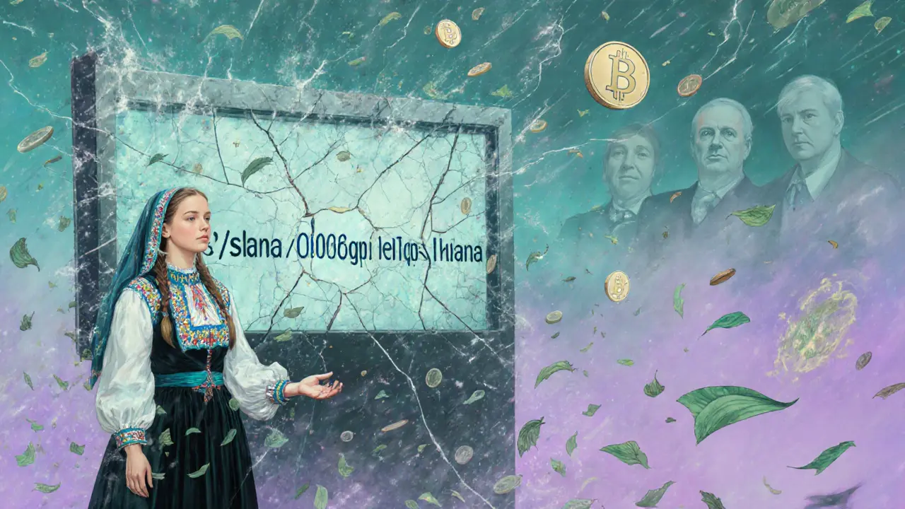 A Ukrainian woman beside a glowing blockchain address, with crypto tokens spinning uselessly around her.