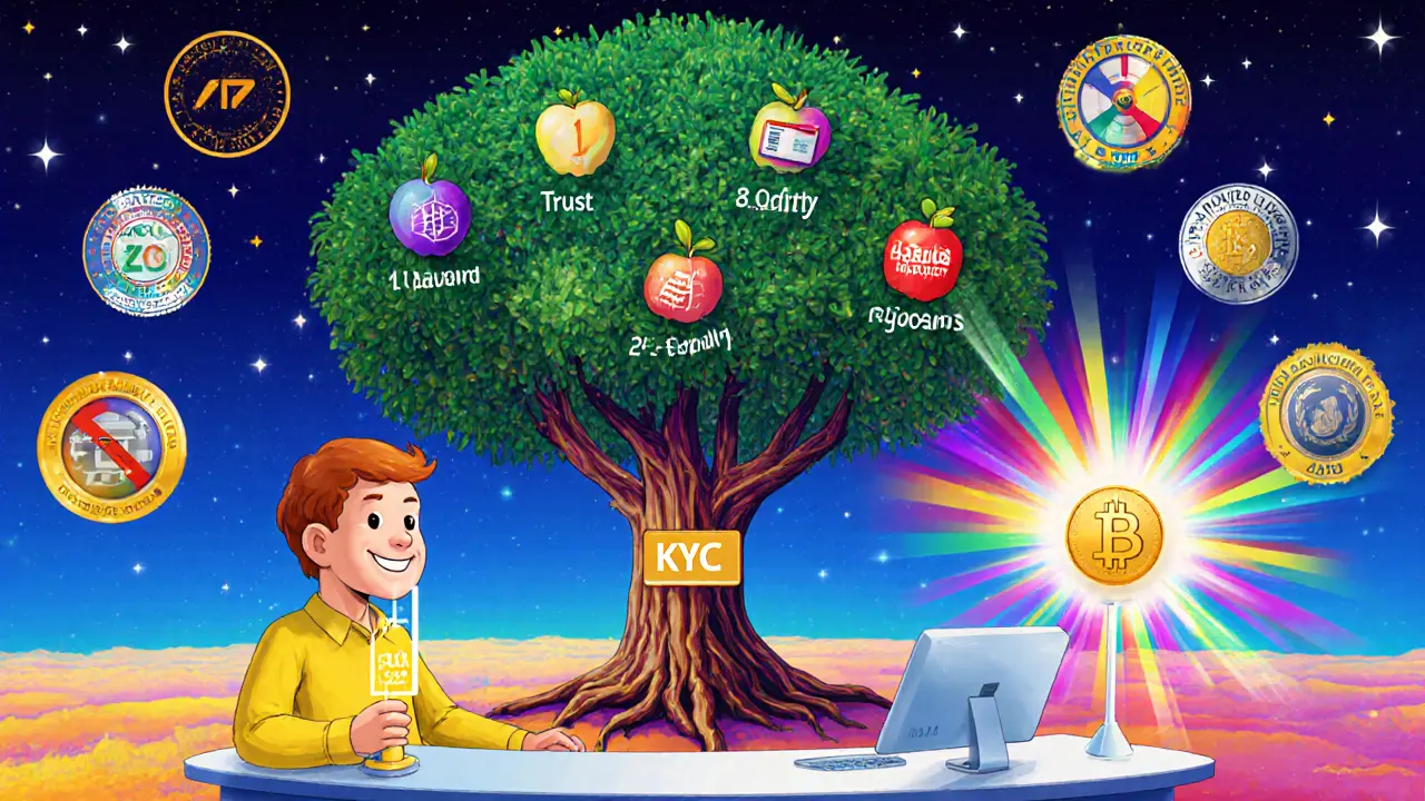 A user completing fast KYC with rainbow AI scanning, growing a trust tree with safety fruits.