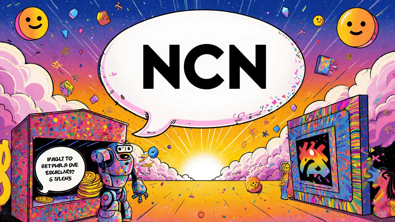 A whimsical marketplace trading AI services for NCN tokens in vibrant colors