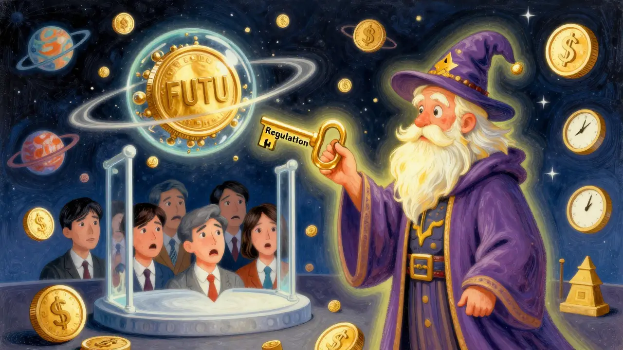 A wizard holding a key to a U.S. stock portal, with FUTUon tokens orbiting a real stock share under glowing chains.