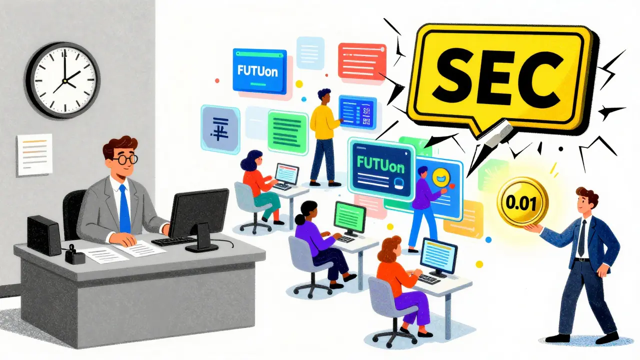 Contrasting scene: traditional broker office vs. vibrant 24/7 crypto market with a cracking SEC warning sign.