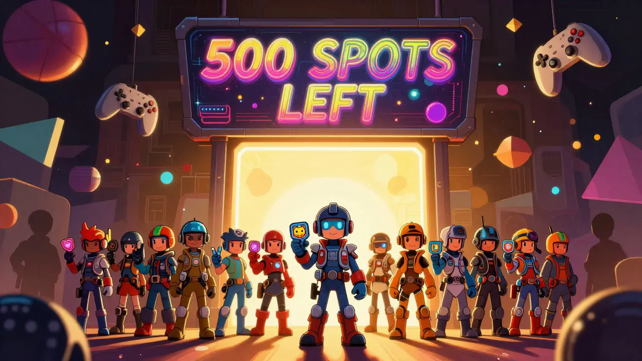 500 avatars entering a portal, with only a few illuminated by golden light.