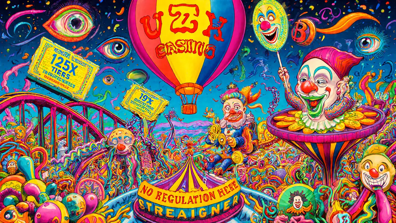 A carnival rollercoaster made of crypto charts, with clowns and a &#039;0% Circulating Supply&#039; balloon under a &#039;No Regulation&#039; sign.