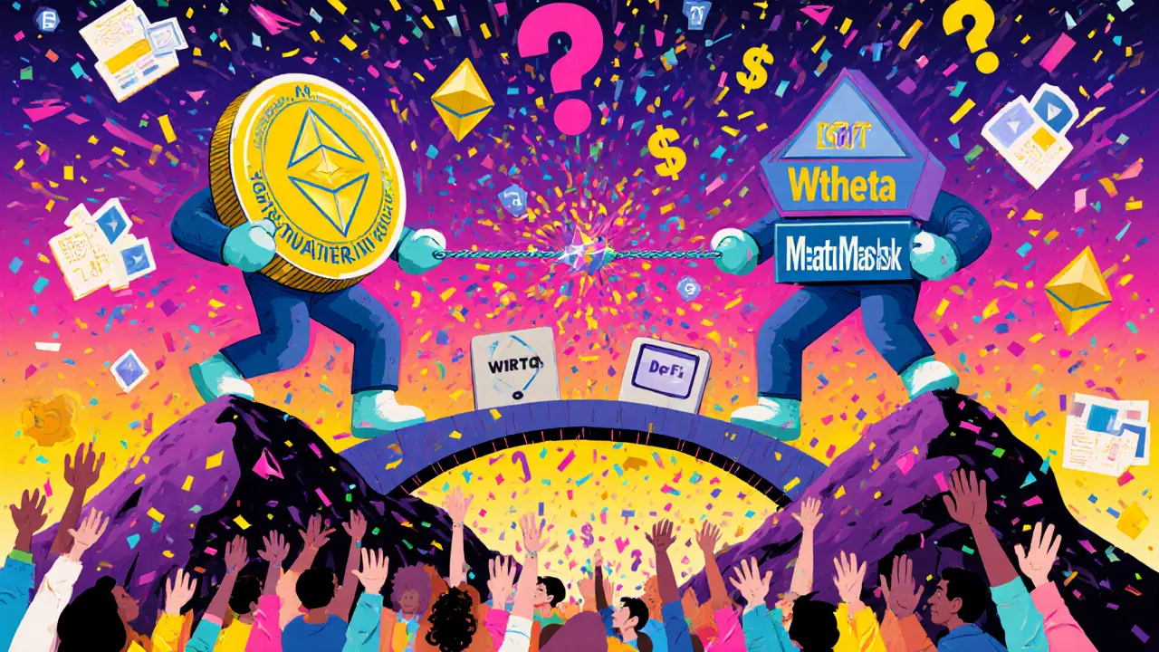 A cartoon tug-of-war between THETA and WTHETA across blockchain bridges, with users and DeFi icons surrounding them.