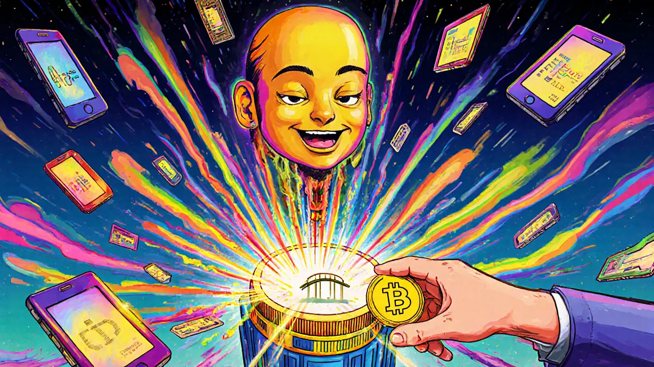 A giant Theta Edge Network tower broadcasting bandwidth to devices worldwide, transforming THETA into WTHETA.