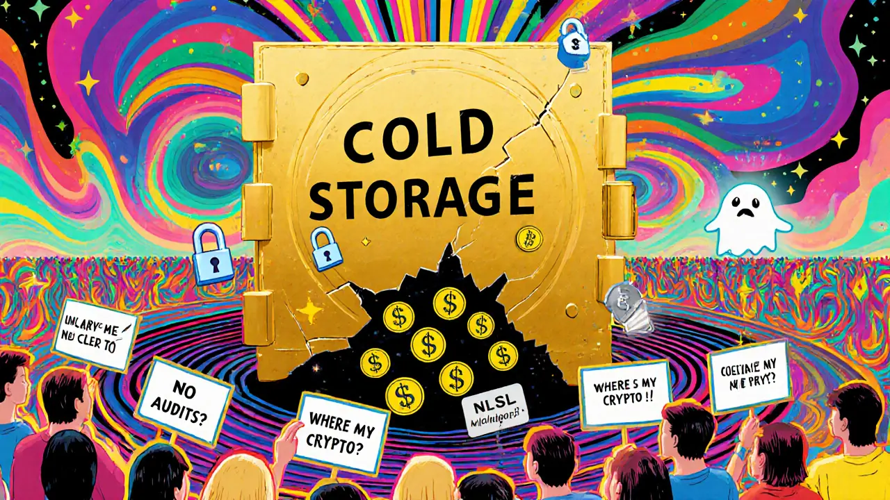 An empty golden vault with cracked shields and vanishing USDT tokens, surrounded by confused users holding complaint signs.