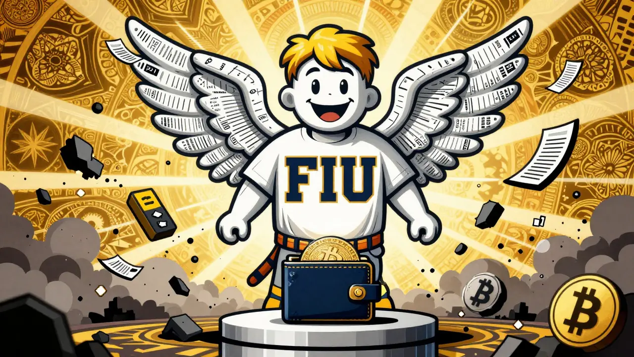 FIU-IND guardian angel protecting a crypto wallet as blocked exchanges dissolve in the background.