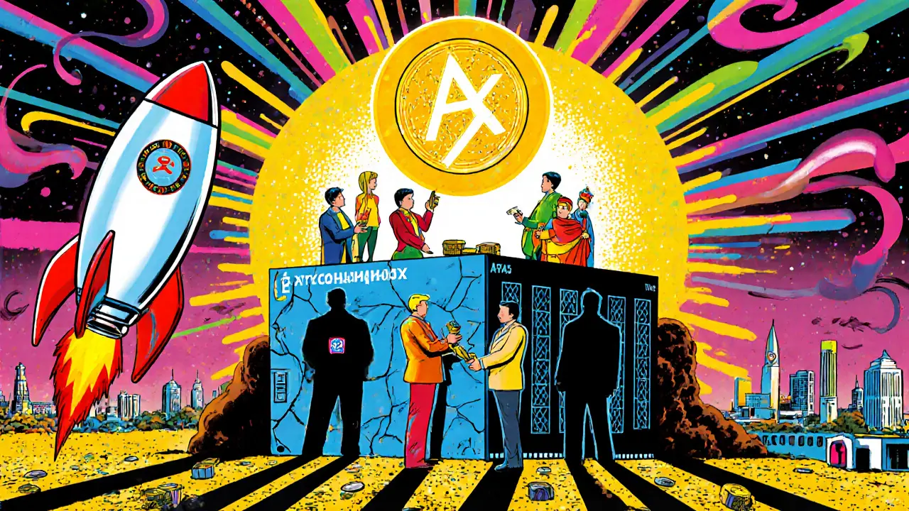 Grinex exchange rising as a rainbow rocket while users trade the glowing A7A5 token.