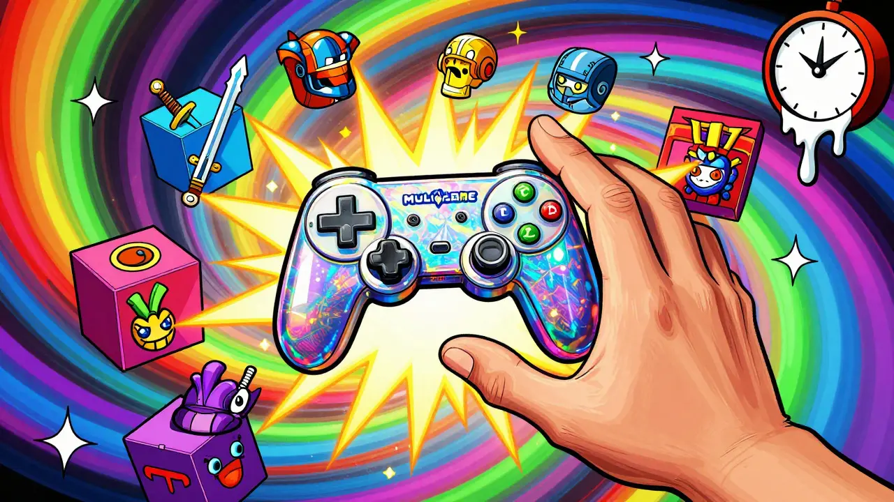 Hand reaching for a holographic gaming logo surrounded by floating NFT rewards.