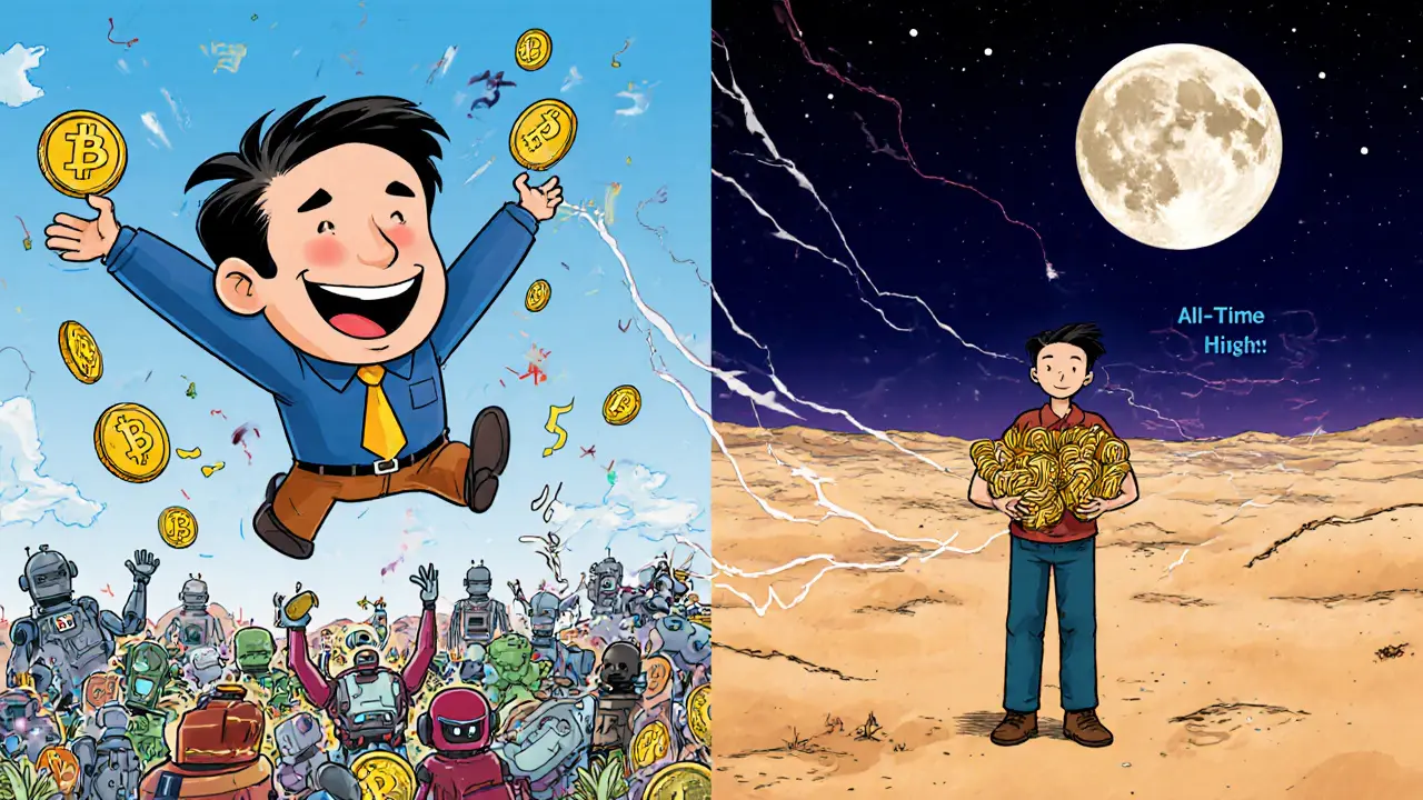 Split scene: happy staker in a thriving bot world vs. lonely trader lost in a barren digital desert with fading VICS tokens.