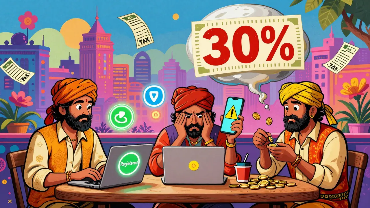 Three traders in a colorful café, one using a registered exchange, another with a VPN, tax bill floating above.