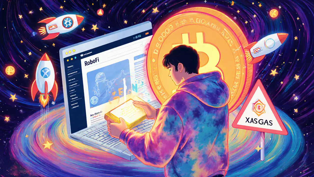 Tie-dye-clad investor connecting a wallet to a whimsical RoboFi portal amid floating bots and rocket-shaped gas fees.