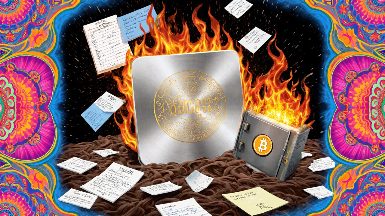 A durable steel plate with engraved seed words stands strong amid burning paper and coffee stains, protected by a glowing safe.