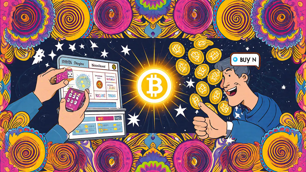 A person creating an NFT store while tokens rain down on a buyer, surrounded by vibrant 1960s patterns.