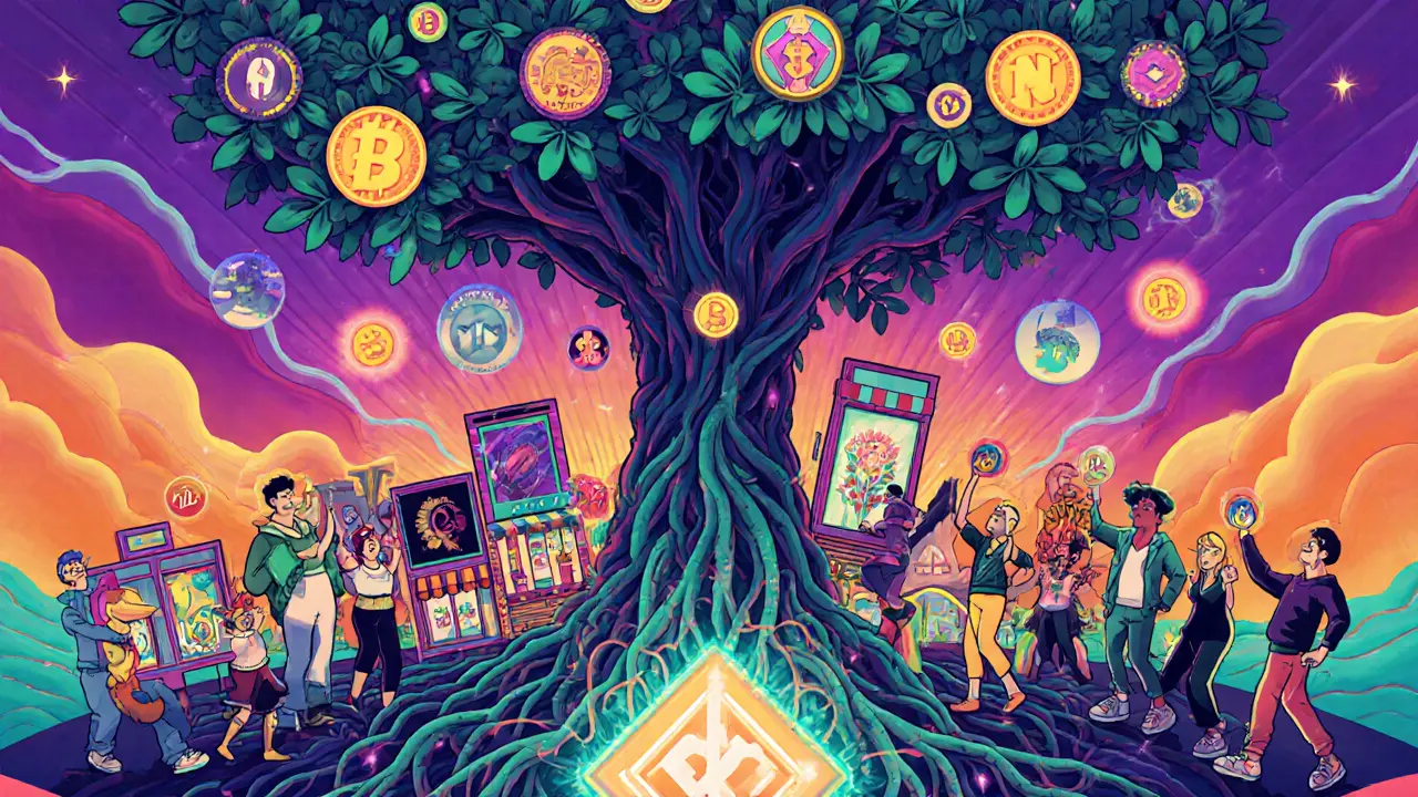 A tree with NFT leaves growing over a city of stores, rooted in a blockchain network, with people holding tokens.