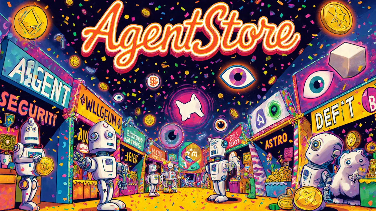Colorful AI agents trading services in a bustling marketplace with AGENT tokens falling like confetti.