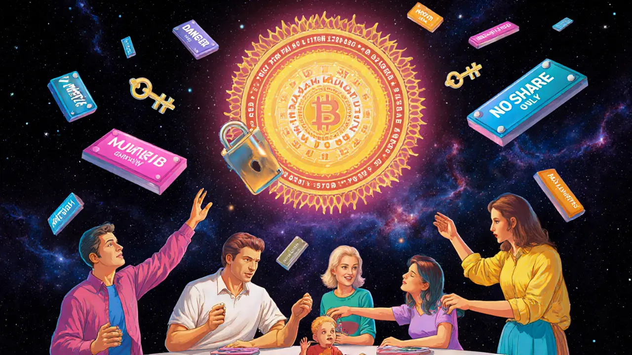 Family members reach for a floating seed phrase, but warning signs and a multi-signature lock show the danger of sharing it.