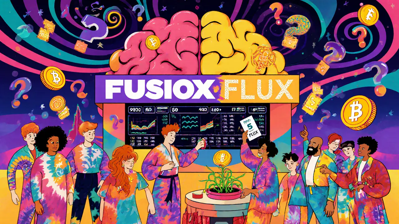 FusionX marketplace with brain-shaped booth, traders in tie-dye, FLUX tokens and floating charts