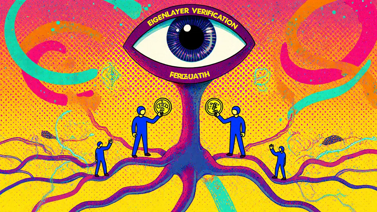 Neural network of AI agents across blockchains exchanging tokens under a watching verification eye in psychedelic art style.