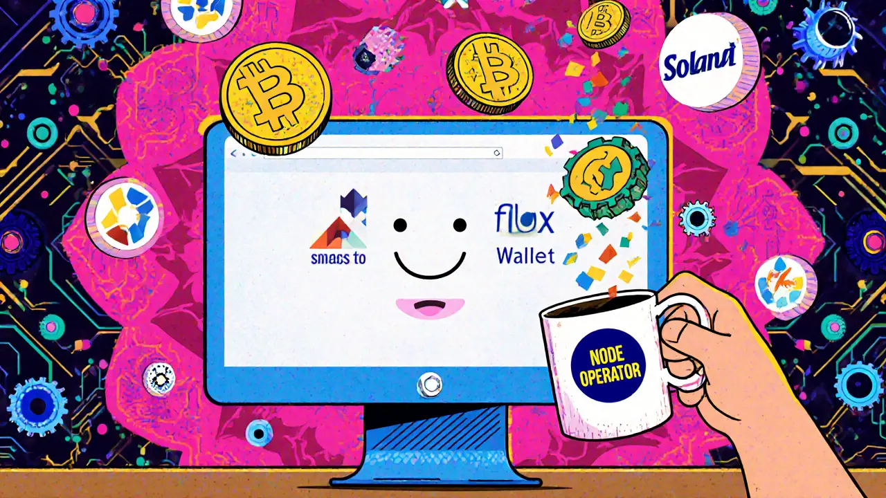 Smiling computer raining FLUX tokens, node operator with coffee, swirling blockchain logos