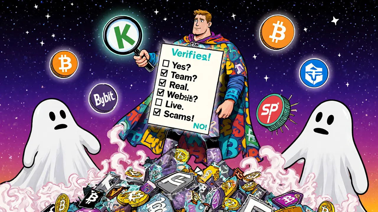 A blockchain hero stands atop shattered scam logos, holding a checklist as real exchanges glow in the sky.
