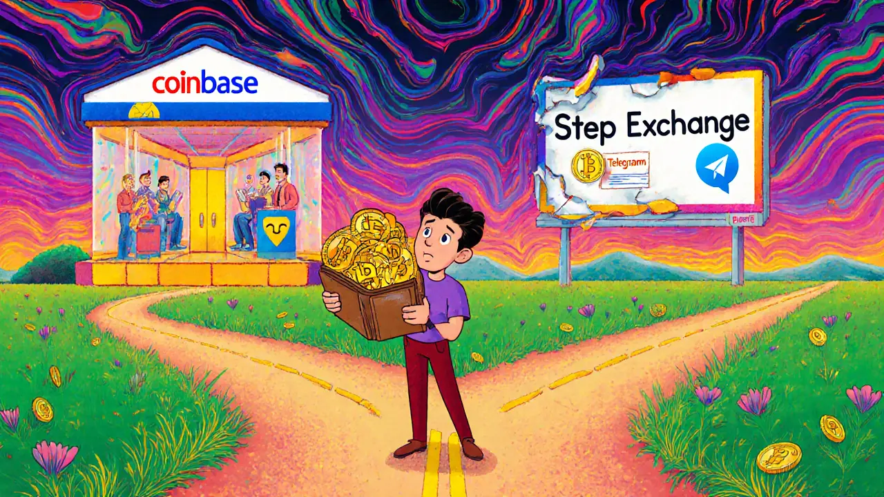 A confused investor chooses between a safe, colorful exchange and a crumbling fake one in vibrant psychedelic style.
