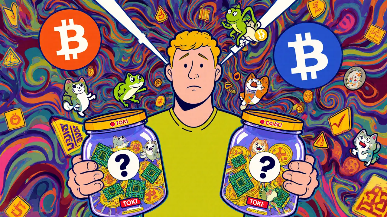 A confused shopper holding two identical TOKI jars—one with meme creatures, the other with tech nodes—amid exchange logos.