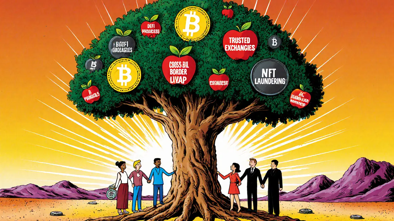 A cosmic crypto tree with regulated fruit and shadowy criminals, surrounded by global allies in vibrant Peter Max art.