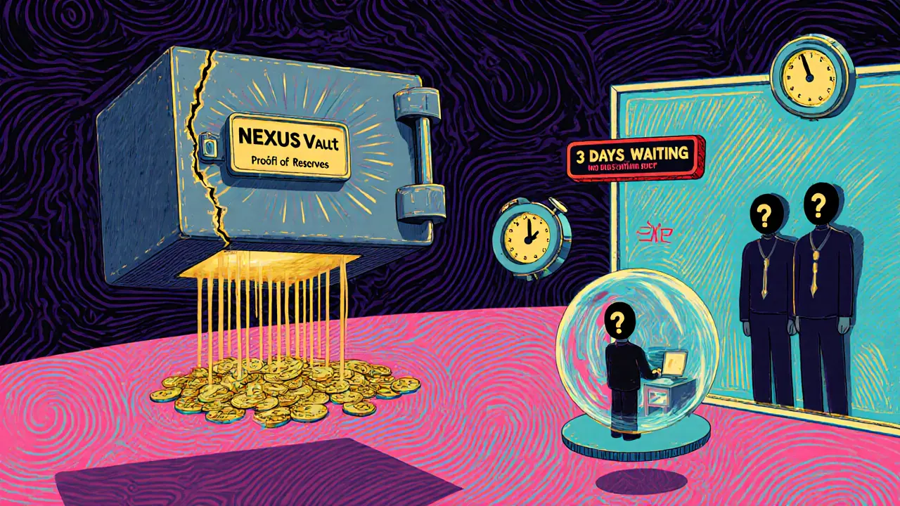 A cracked vault leaking crypto coins, with shadowy figures and a user waiting on a desktop computer under flickering 2FA.