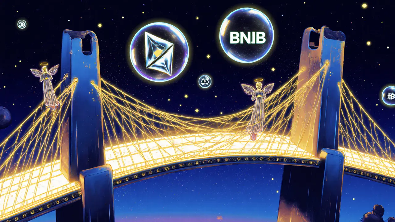A futuristic blockchain bridge connecting Ethereum and BNB Chain with glowing IBC threads and zero-knowledge proof orbs.