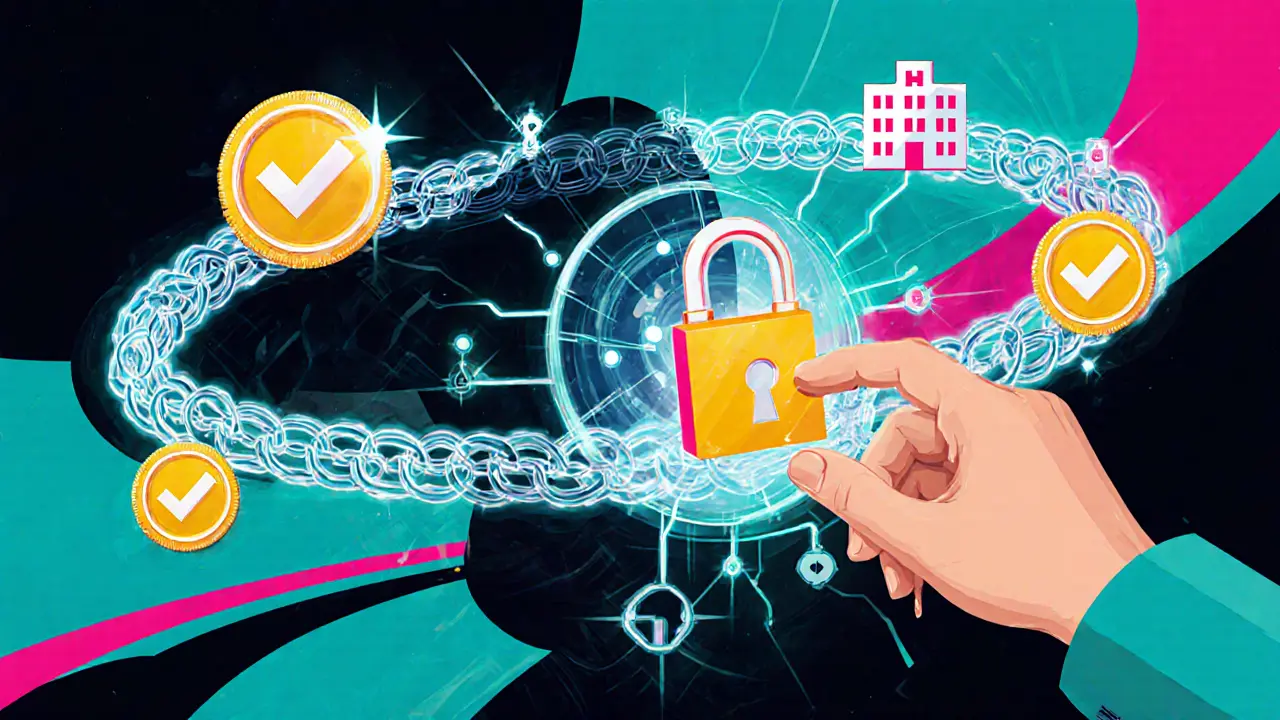 A hybrid blockchain merging public and private systems with data flowing between them in swirling colors.