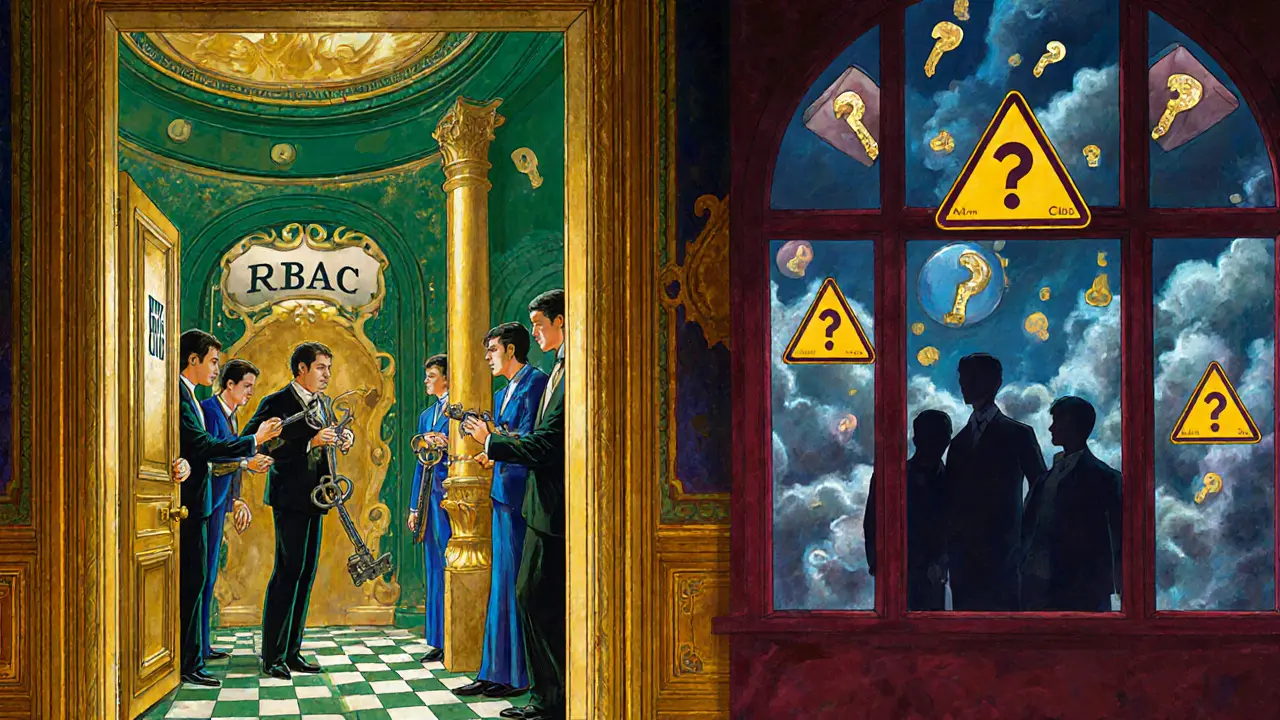 A locked private blockchain club with insiders leaking keys, surrounded by warning symbols in jewel tones.