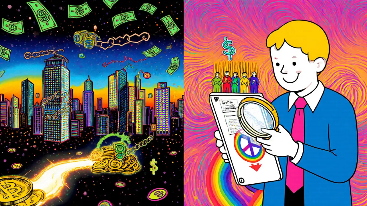 A surreal city of crypto and banks where regulators trace illicit funds while users check wallet histories.