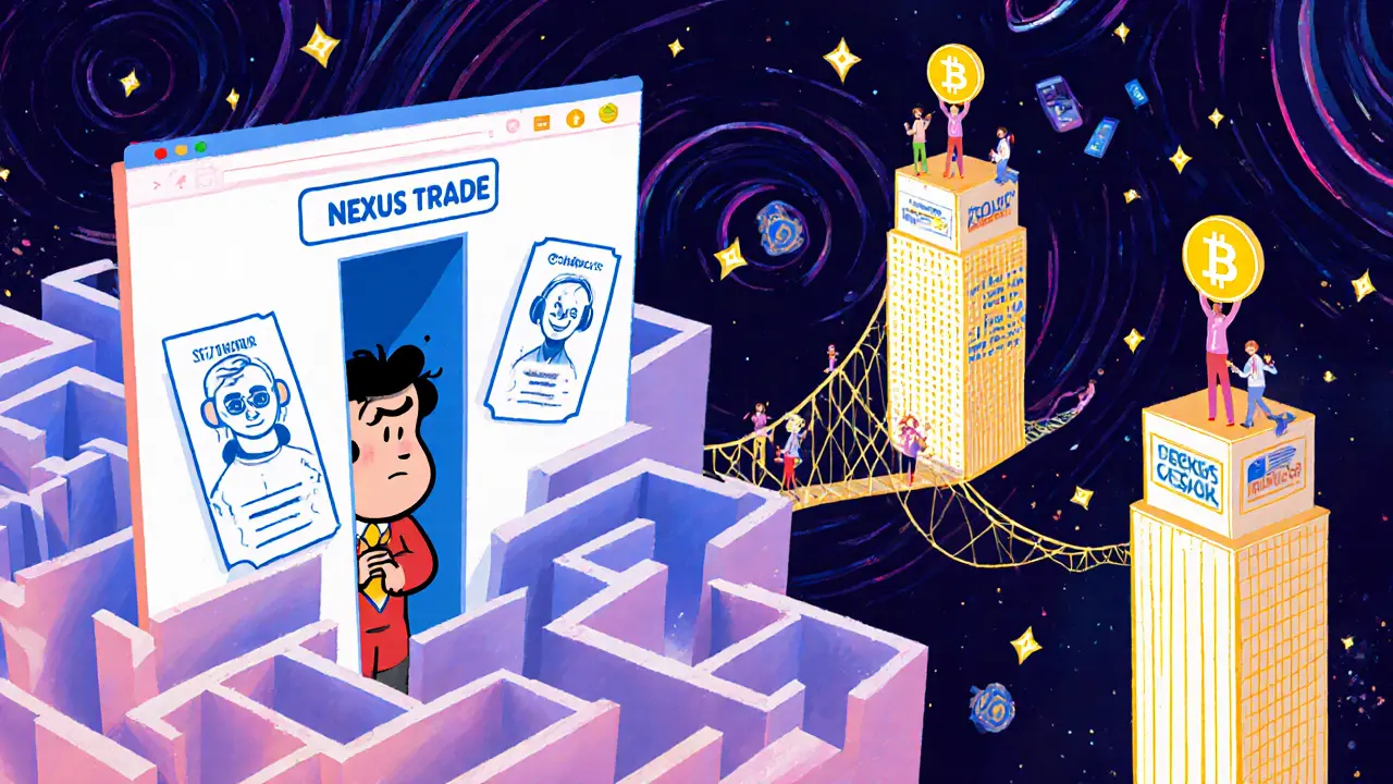 A user trapped in a web browser maze with slow support tickets and thin order books, while bigger exchanges glow in the distance.