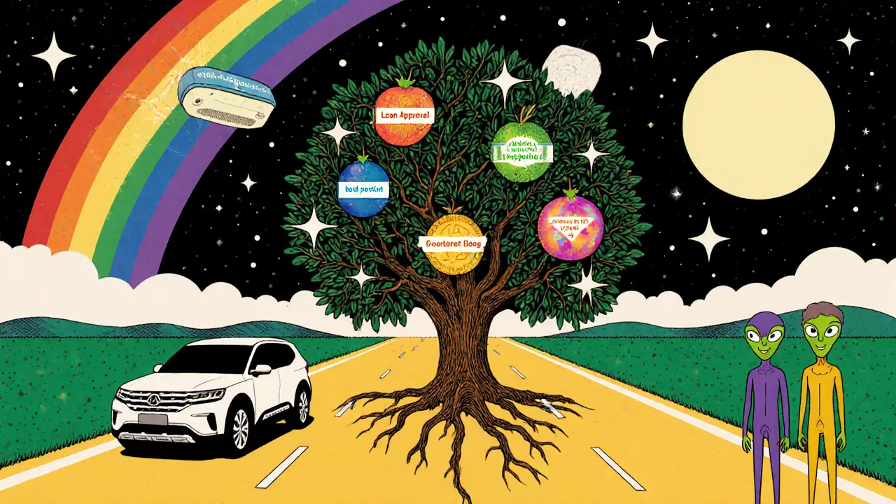 Data packets on a cosmic highway flow into a blockchain tree with verified AI decision fruits hanging from its branches.