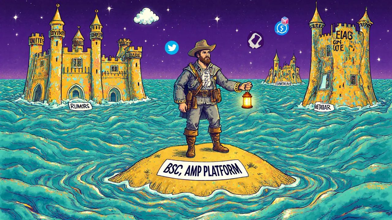 Explorer on small platform island amid ocean of zero-volume tokens, lantern in hand